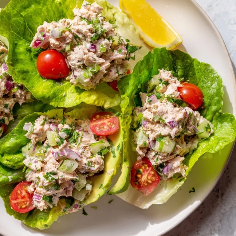 Vibrant photo of Tuna Salad Lettuce Wraps with avocado, cherry tomatoes, showing a light lunch recipe.