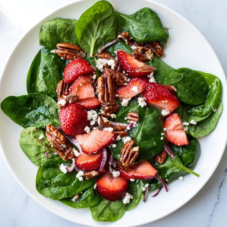 This vibrant strawberry spinach salad shows off fresh, juicy strawberries, perfect for a summer lunch.