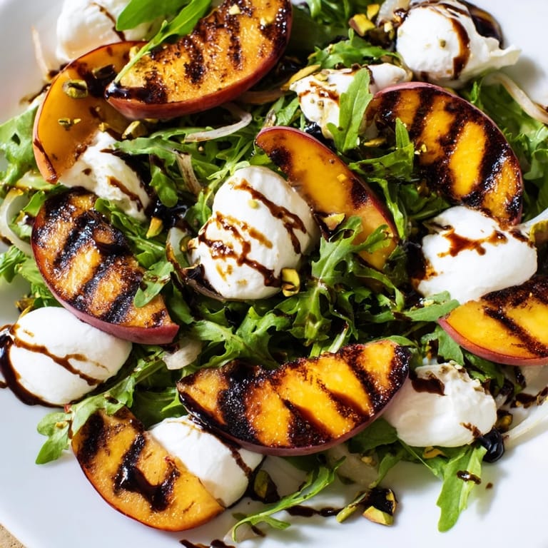 Beautiful shot of Grilled Peach Salad, perfect for summer: grilled peaches with cheese and glaze.