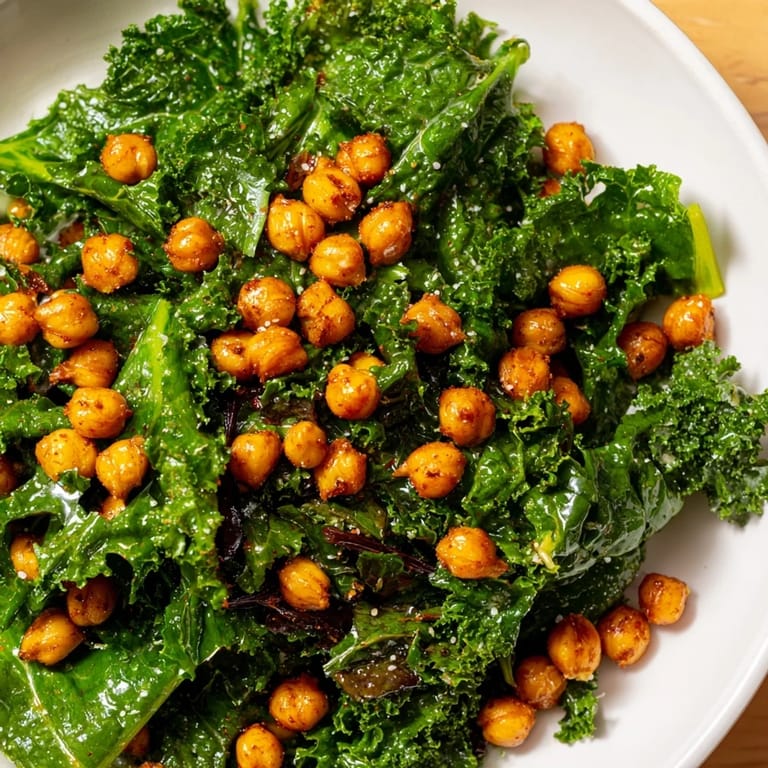 Golden-brown, crispy chickpeas top a plate of flavorful Warm Kale Salad for a healthy and satisfying meal.