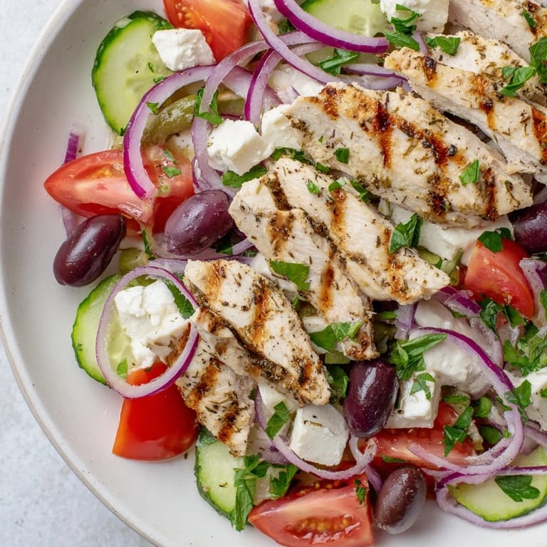 Juicy grilled chicken tops a Greek salad overflowing with olives, cucumbers, and a zesty vinaigrette.