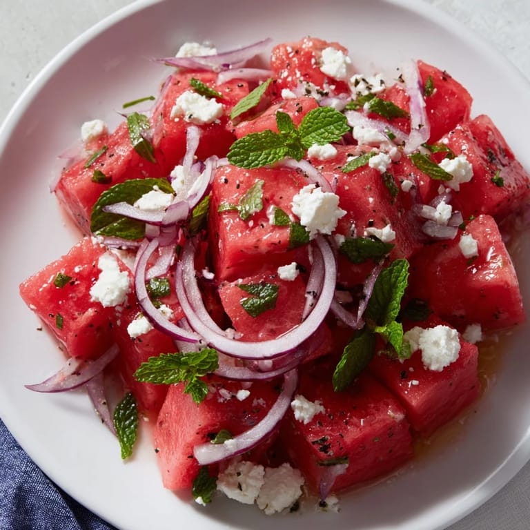A summertime staple, this Watermelon Feta Salad has colorful watermelon, red onion, and crumbled feta.