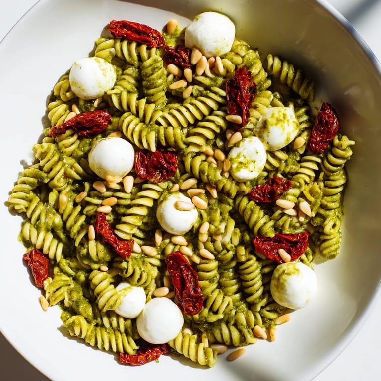 A summer-ready bowl of vibrant Pesto Pasta Salad includes toasted pine nuts and a bright, zesty lemon flavor.