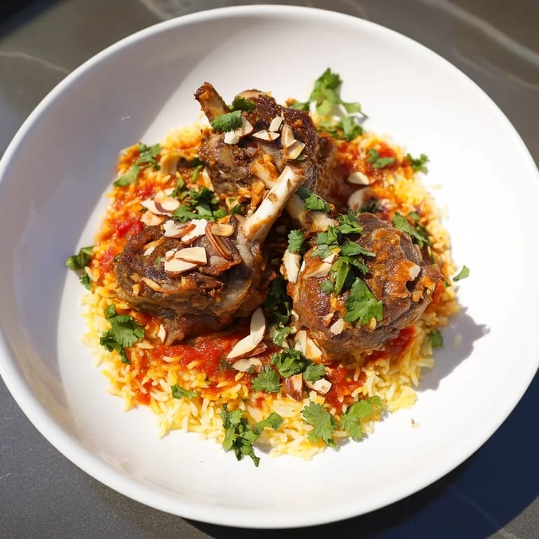 Imagine the fragrant aroma of this authentic Qatari Majboos, garnished with fresh cilantro and almonds.