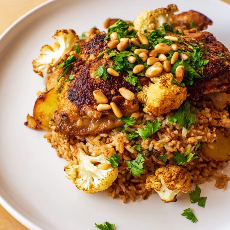 This hearty Palestinian Maklouba recipe picture shows a beautifully layered rice and chicken dish.