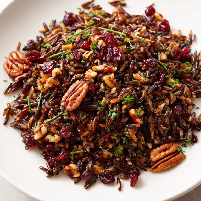 This Wild Rice Harvest Salad is served in a white ceramic bowl, showcasing its vibrant colors and textures.  