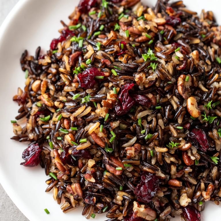 An overhead shot of the Wild Rice Harvest Salad, highlighting the nutty grains and glistening vinaigrette.