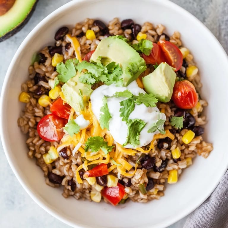 An easy homemade Brown Rice Burrito Bowl with layers of seasoned beans, corn, cherry tomatoes, and cheese, ready for a weeknight dinner.