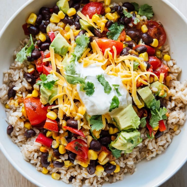 A hearty Brown Rice Burrito Bowl featuring colorful vegetables, sliced avocado, and fresh cilantro, served with lime wedges for a zesty finish.