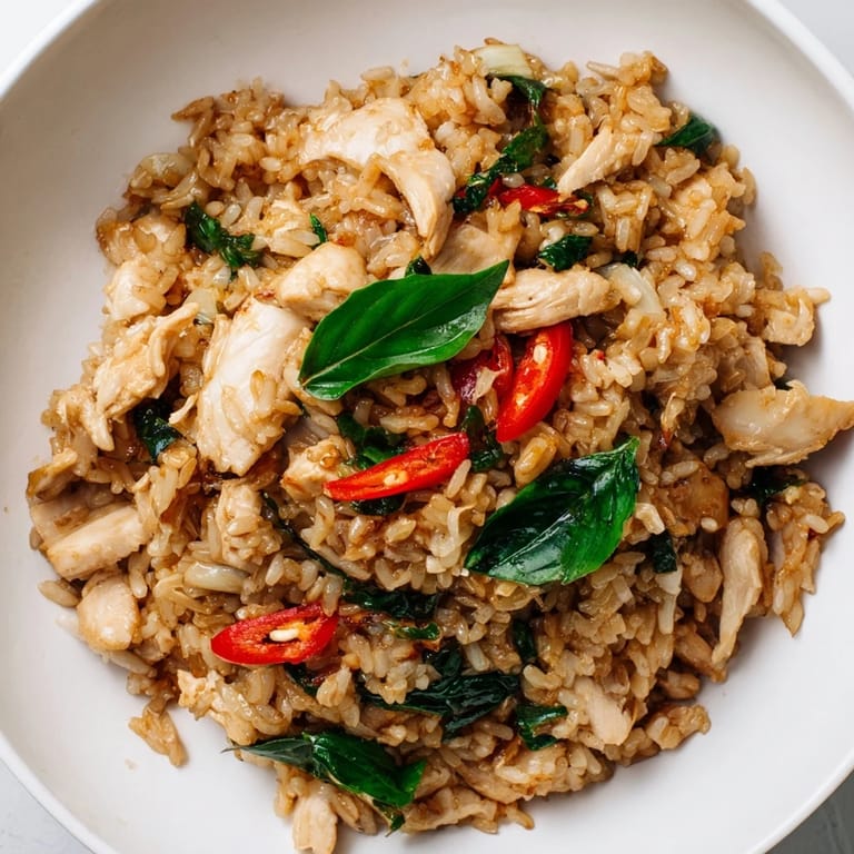 Fragrant Thai Basil Chicken Fried Rice stir-fried in a wok, with colorful peppers, onions, and savory sauces, ready for a quick weeknight dinner.