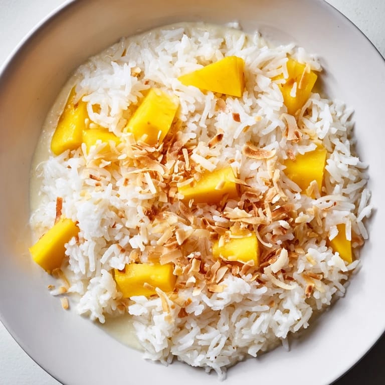 Fragrant coconut rice dessert served warm, with vanilla notes and crunchy coconut garnish on top.  