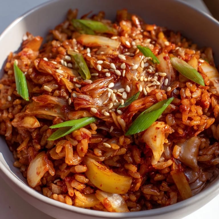 Spicy Kimchi Fried Rice sizzling in a skillet, mixed with colorful vegetables and fragrant gochujang, ready to serve.  