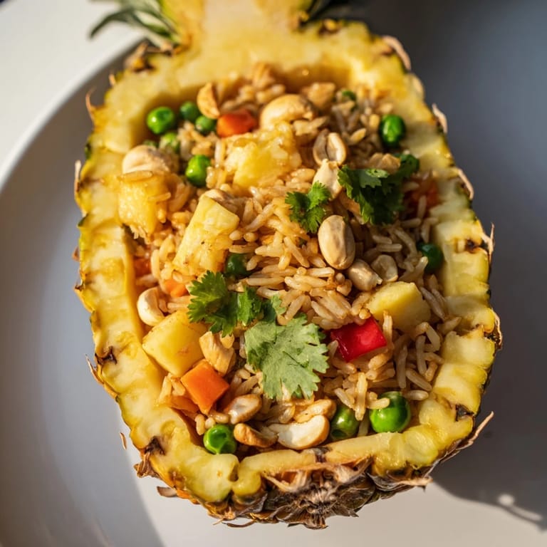 Enjoy a close-up of Pineapple Fried Rice with golden rice, colorful vegetables, and crunchy cashews inside a pineapple boat.