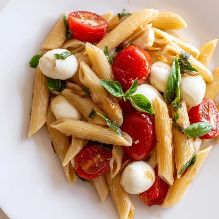 A bowl of freshly tossed Caprese Salad Pasta showcases halved tomatoes, torn basil, and bocconcini, ready for a light vegetarian dinner.