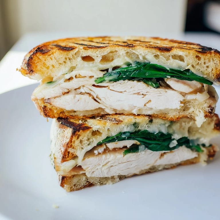 A steaming Grilled Chicken Spinach Panini pressed to perfection, featuring melted Parmesan and mozzarella cheeses blending with savory grilled chicken and vibrant green spinach.