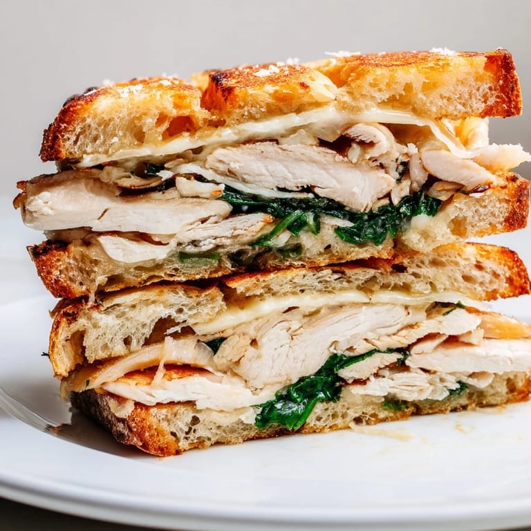 Freshly made Grilled Chicken Spinach Panini served warm beside a small salad, with garlic butter oozing from the toasted Italian bread slices.