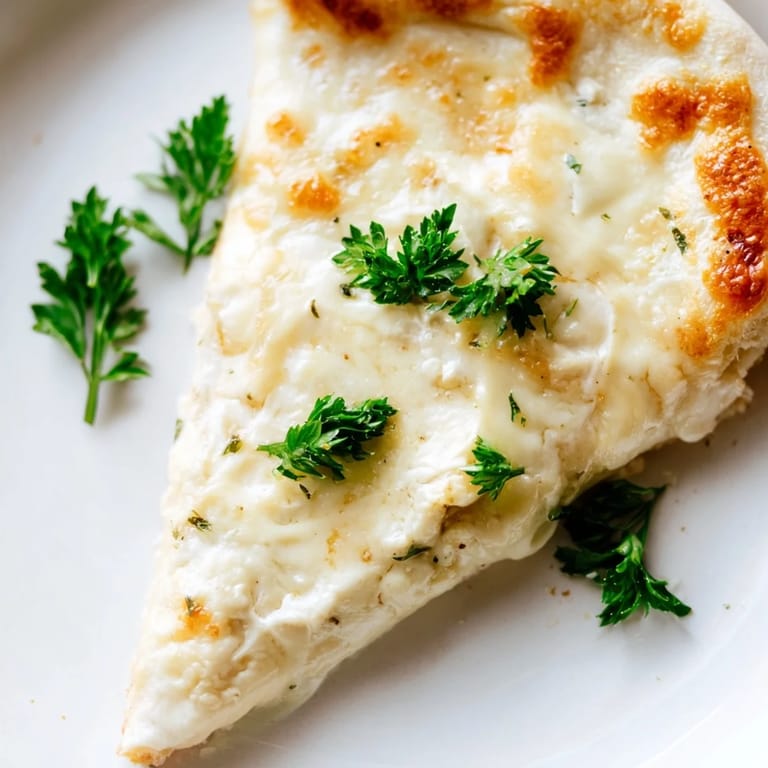 A freshly baked Creamy Garlic White Pizza rests on a wooden board, garnished with fresh parsley and ready to be sliced for dinner.  