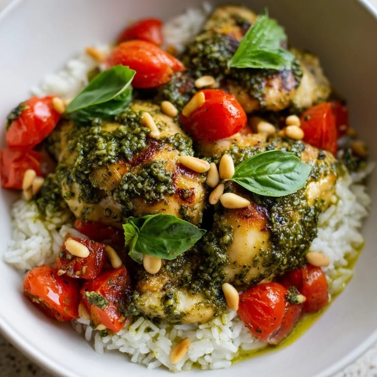 Ready-to-eat Chicken Pesto Rice Bowl layered with tender pesto chicken, diced tomatoes, and Parmesan, perfect for a quick dinner.