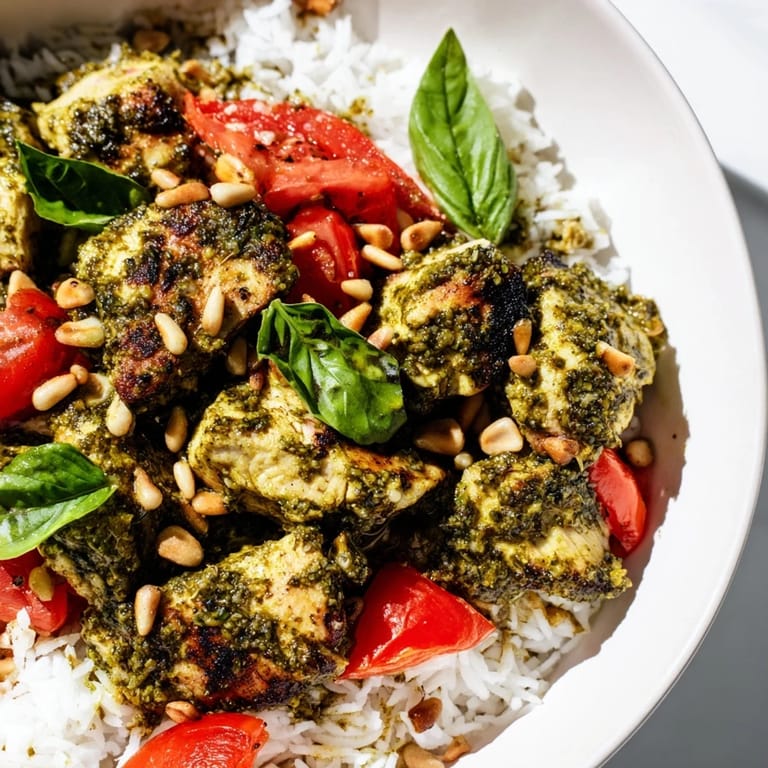 A comforting close-up of Chicken Pesto Rice Bowl featuring saucy basil chicken over warm rice with toasted pine nuts.