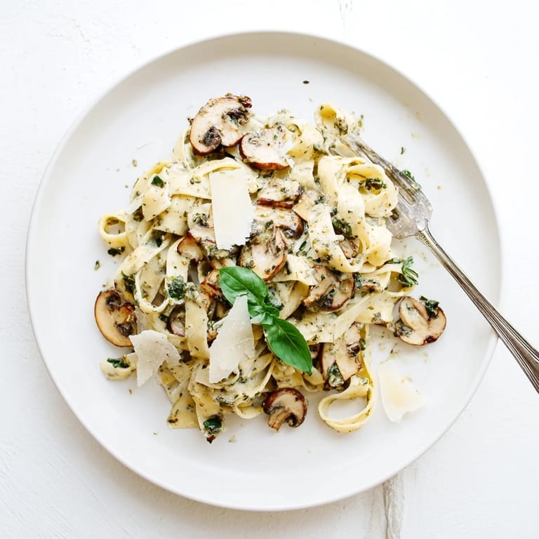 A close-up view of vegetarian mushroom pesto pasta, highlighting the rich green sauce and shaved Parmesan cheese topping.