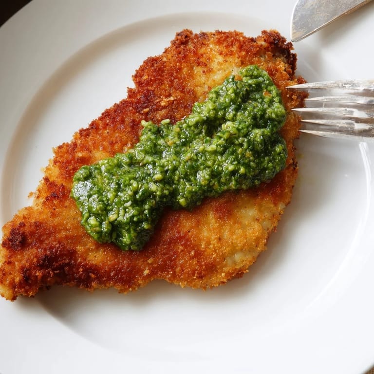 Sizzling pan-fried Crispy Pesto Chicken Cutlets reveal juicy interiors and herb-flecked crusts, ideal paired with a crisp white wine.