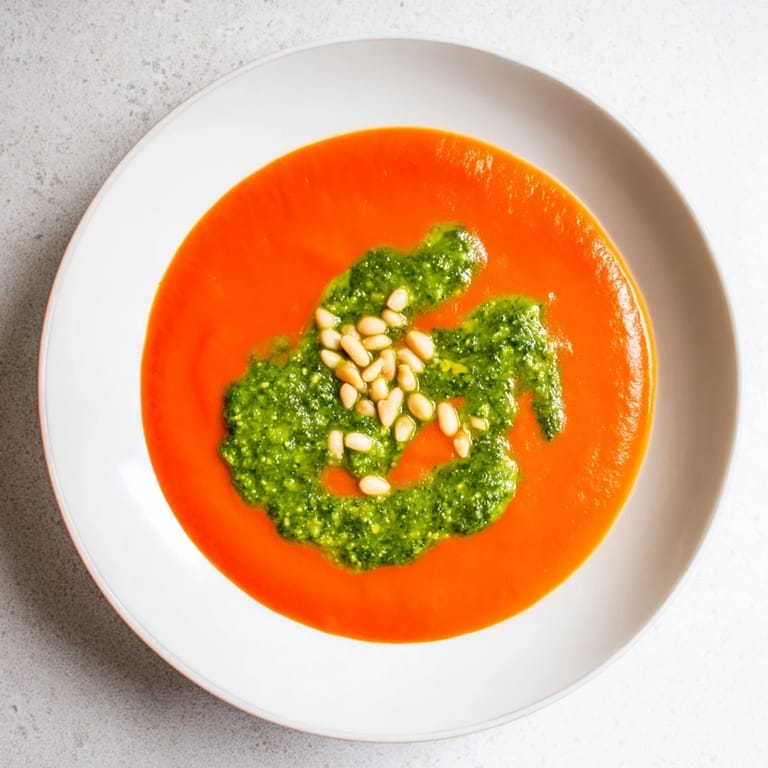 Steam rises from a comforting serving of Tomato Soup with Basil Pesto Swirl, paired with a crispy grilled cheese sandwich for dipping.