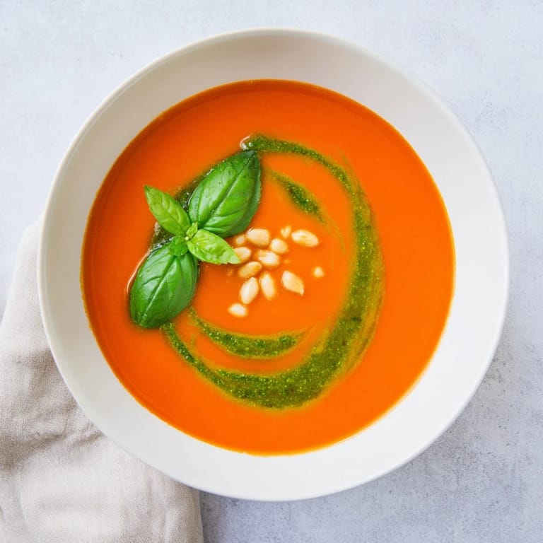 Rich red tomato soup is beautifully finished with a swirl of fresh basil pesto, creating a colorful and aromatic Italian-inspired meal.