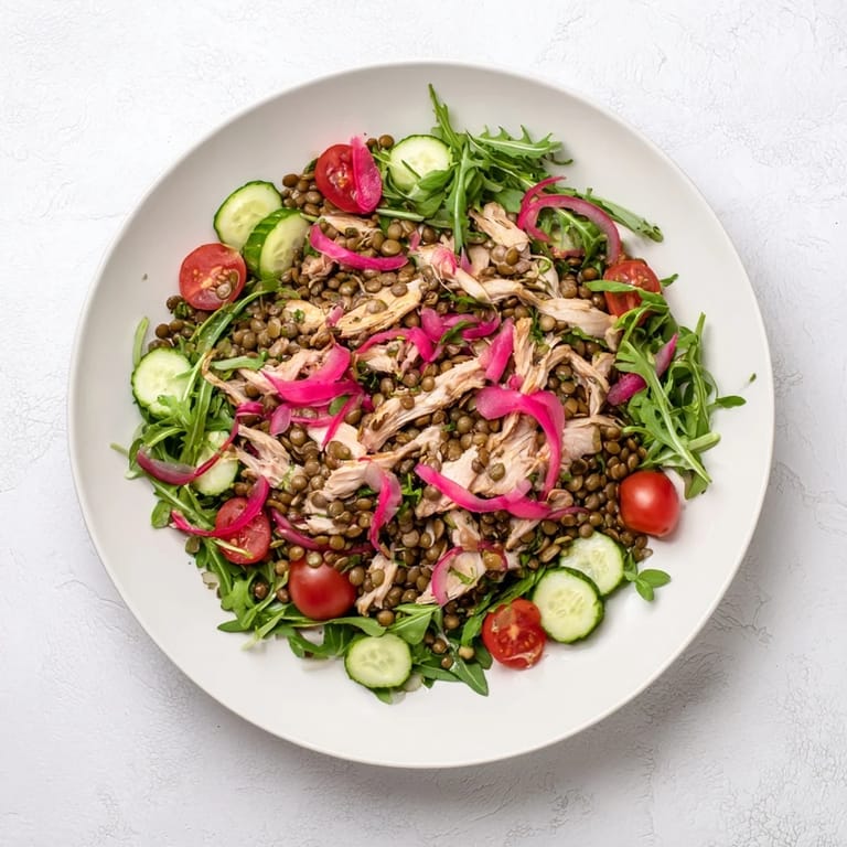Hearty Lentil & Chicken Spring Salad tossed in zesty mustard dressing, featuring juicy chicken, lentils, and crisp arugula.