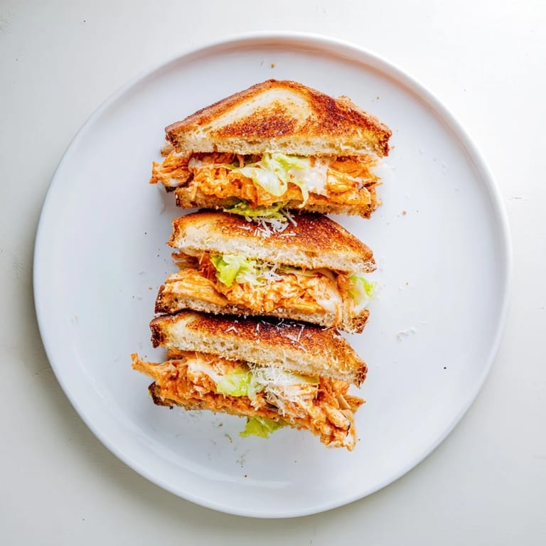 A close-up of a Buffalo Chicken Caesar Grilled Cheese, showing melty cheese and spicy chicken filling.  