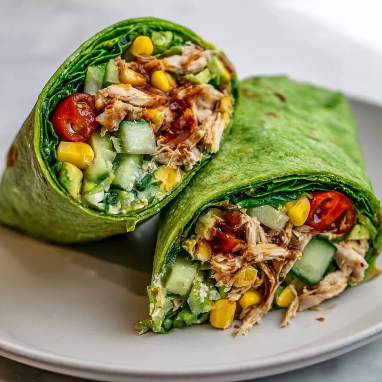 Hand holding a toasted BBQ Chicken Salad Wrap with a spinach tortilla, filled with colorful veggies and creamy dressing, perfect for an easy weeknight dinner.