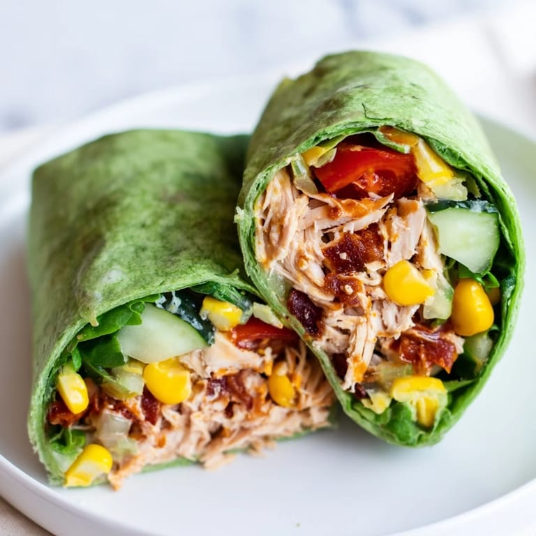 A close-up view of a BBQ Chicken Salad Wrap, packed with shredded chicken in BBQ sauce, sweet corn, and red onion, ready for a quick lunch.