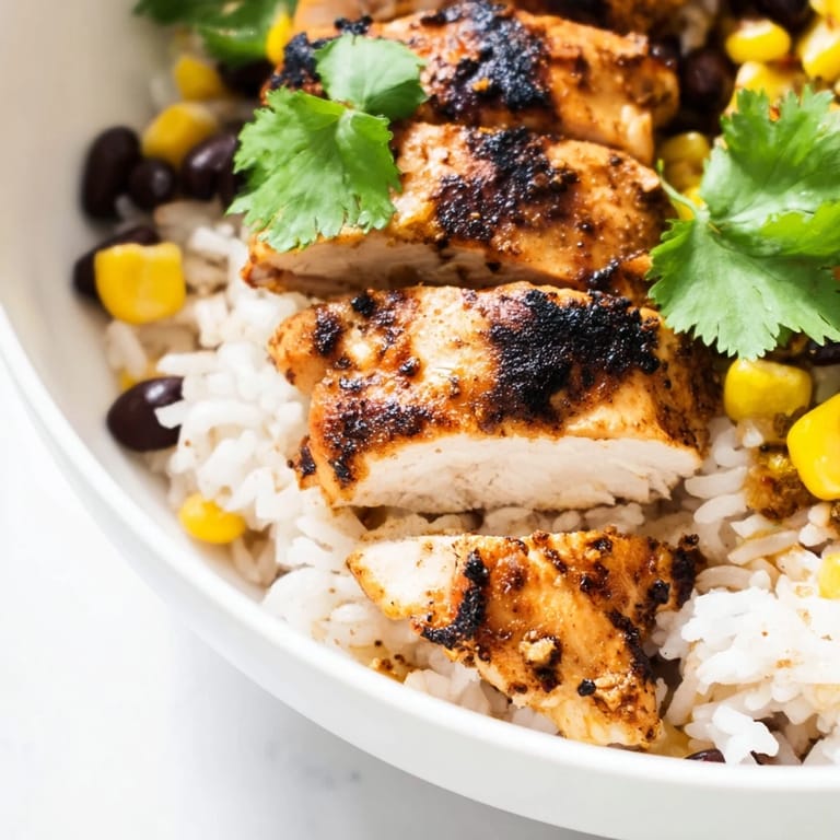 Warm Spicy Chicken Burrito Bowl topped with cheese, avocado, and fresh cilantro, served with lime wedges.