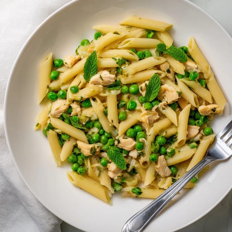 A close-up of spring-inspired Pea & Mint Chicken Pasta garnished with herbs and parmesan for a savory main dish.