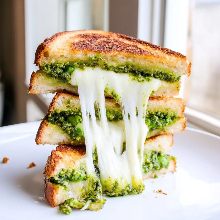 Fresh peas and basil blend into a vibrant pesto layered with mozzarella on buttery, golden-brown sourdough bread for a spring-inspired meal.