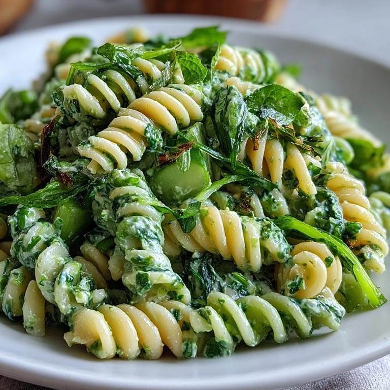 Creamy Green Goddess Pasta Salad served in a white bowl, garnished with basil and parsley for a refreshing light lunch.