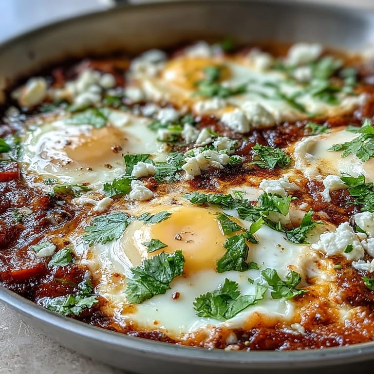 A close-up view of shakshuka highlights the runny golden yolks, steam rising from the simmering peppers and onions in a fragrant Middle Eastern stew.
