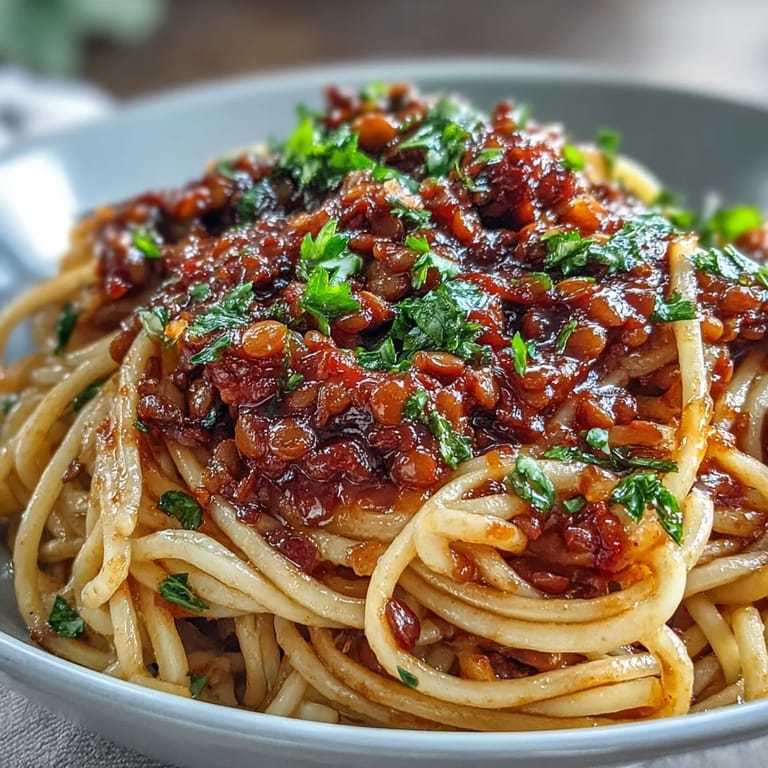 Close-up of rich Lentil Bolognese sauce in a pot, highlighting the texture of lentils and tomatoes.
