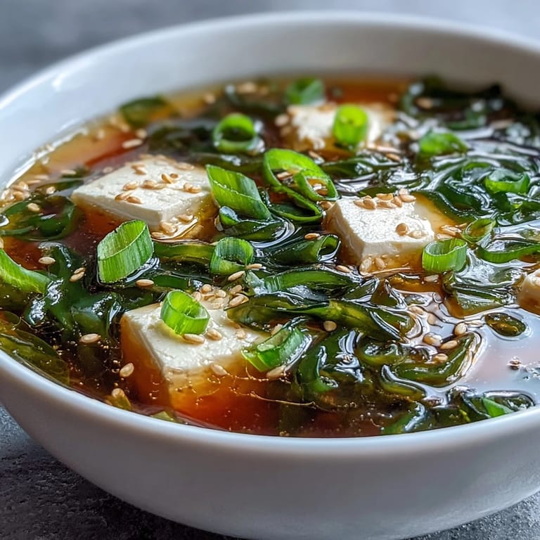 Homemade Miso Soup With Tofu, a comforting Japanese broth with soft tofu cubes and rehydrated seaweed.