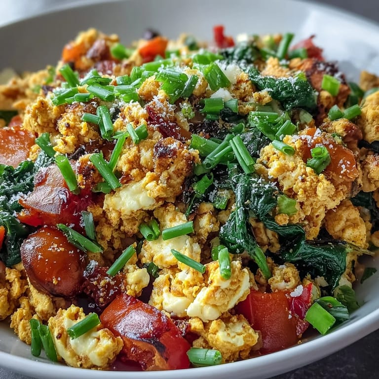 Vegan tofu scramble with warm spices like cumin and smoked paprika, highlighting the colorful mix of vegetables in a pan.