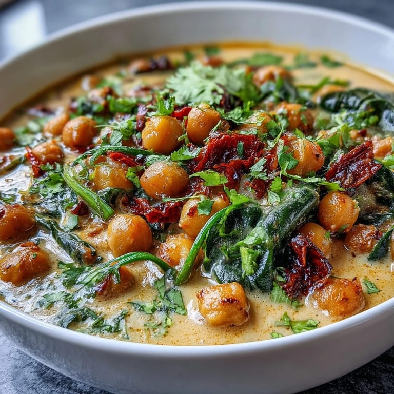 A close-up of steaming Chickpea Curry showing creamy coconut sauce and tender chickpeas in a rustic skillet.