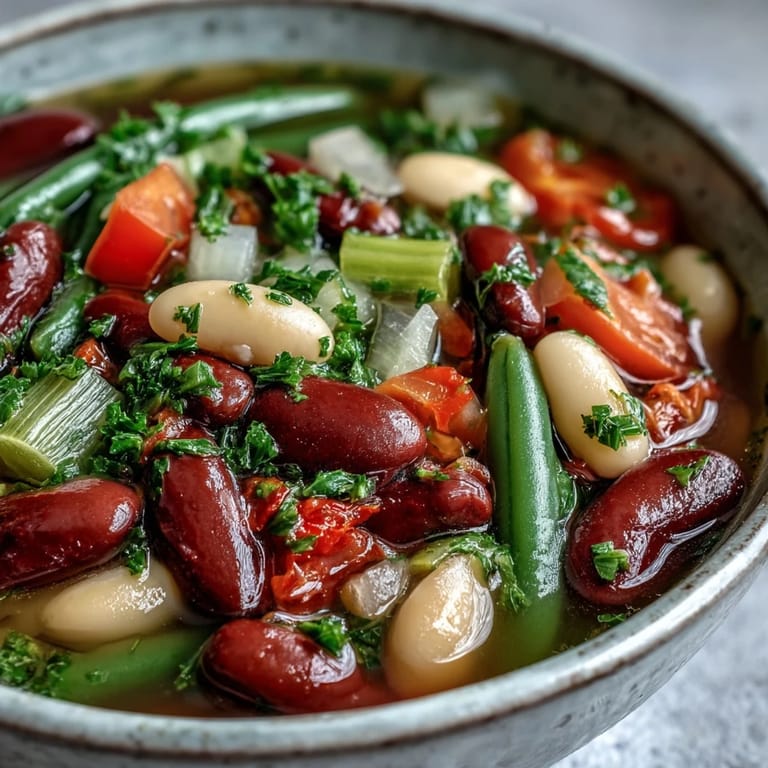 Steaming bowl of Three-Bean Salad Soup with a rich tomato and vegetable broth base, garnished with fresh parsley and served alongside crusty artisan bread on a wooden table.