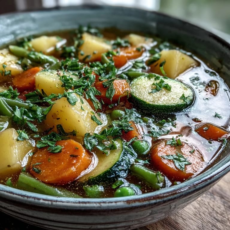 Potato and Vegetable Soup simmering in a large pot, featuring a colorful medley of zucchini, green beans, and potatoes in savory broth.