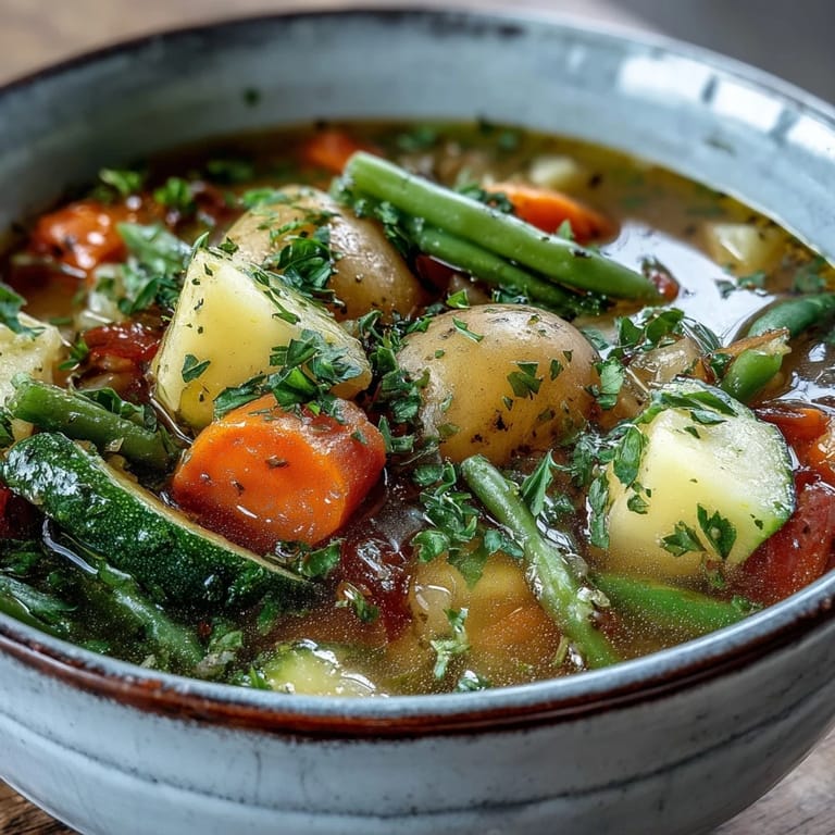 Hearty Potato and Vegetable Soup served in a rustic bowl, topped with fresh parsley and a side of crusty bread for dipping.