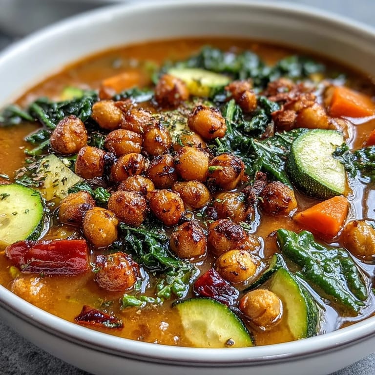 Rustic table setting featuring Spiced Chickpea and Vegetable Soup beside crusty bread and a lemon wedge.