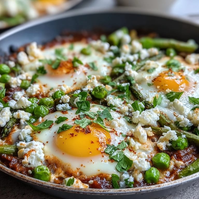 A rustic skillet of Pea and Broad Bean Shakshuka pairs with crusty bread, perfect for a spring brunch or family-style dinner.