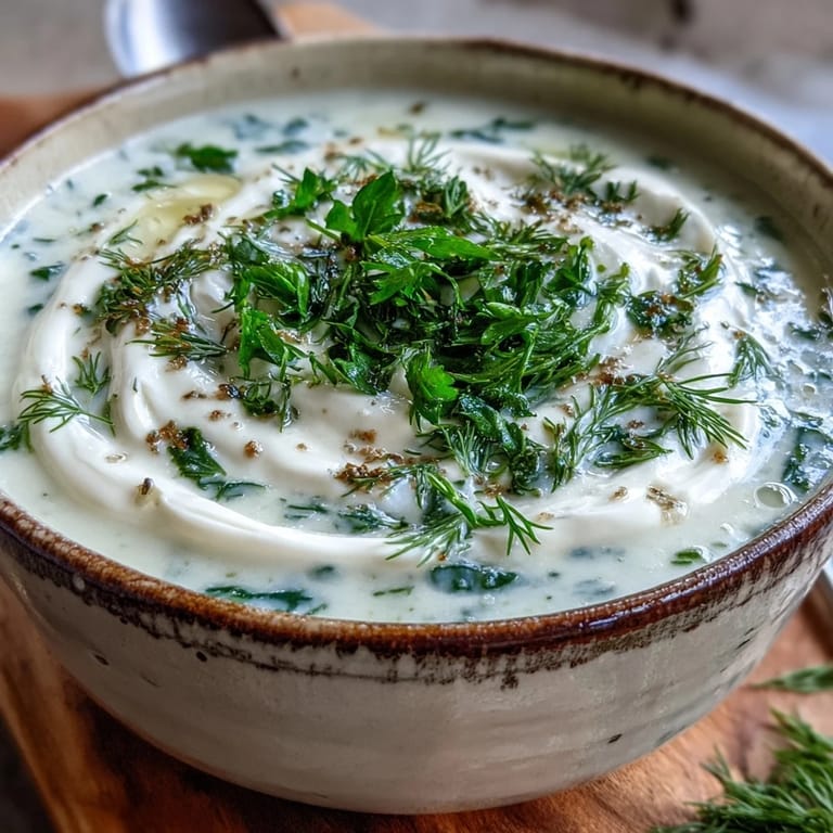 Silky blended creamy celery and herb soup with celery leaves and chives in a rustic bowl.