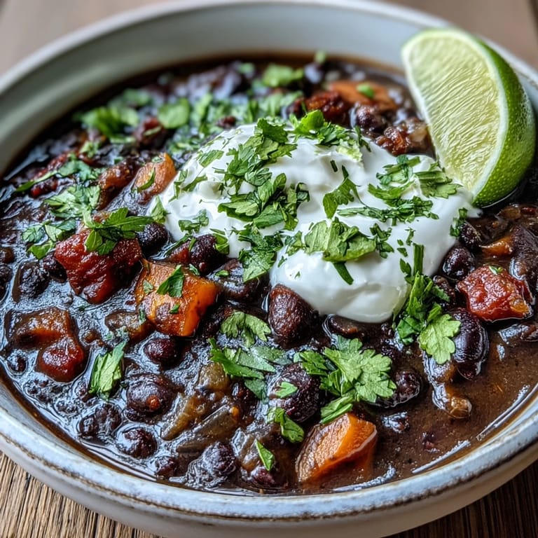 Black bean soup with warm cumin and smoky paprika garnished with sour cream and diced red onion, served in a rustic bowl.  