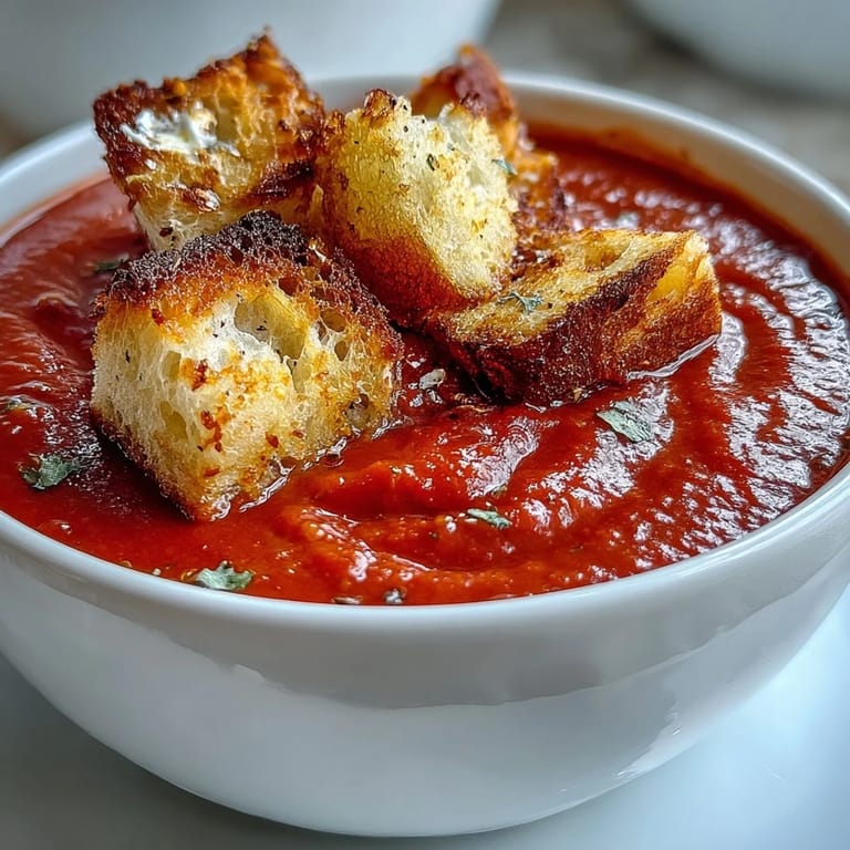 Roasted red pepper soup served with crispy croutons and a swirl of cream.  