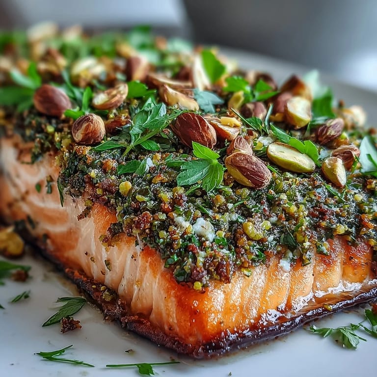 The Confit Salmon With Tahini, Pistachio and Herb Crust is served on a white plate with a lemon wedge and fresh dill garnish.