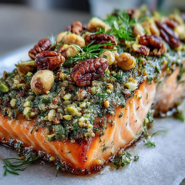Golden salmon fillets, confit until tender, feature a textured tahini, pistachio, and herb crust ready to be enjoyed warm or at room temperature.